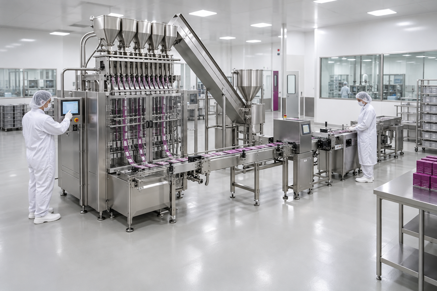 Representative view of an automated multi-lane sachet production line in a cleanroom