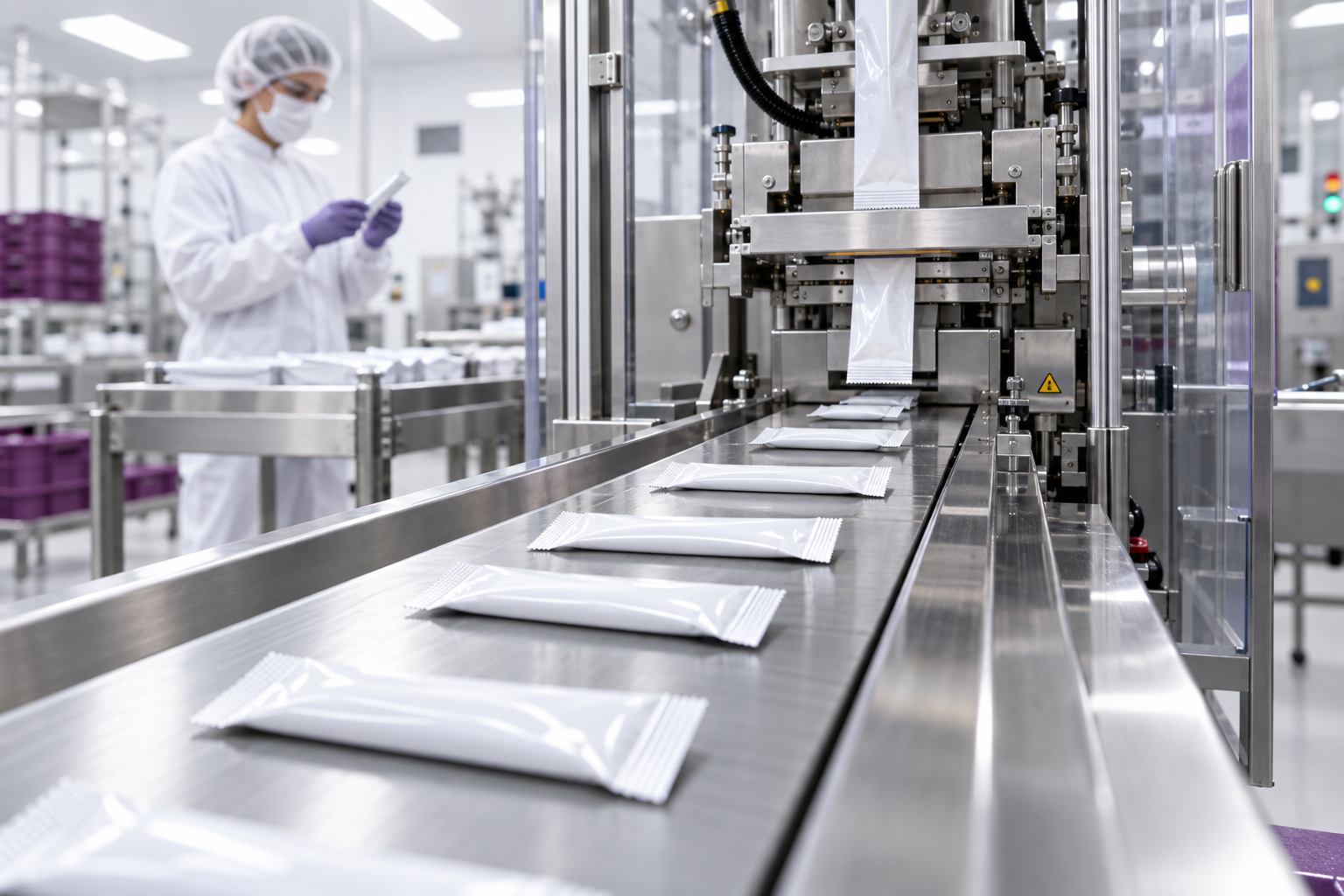 Representative view of finished powder sachets moving along a conveyor